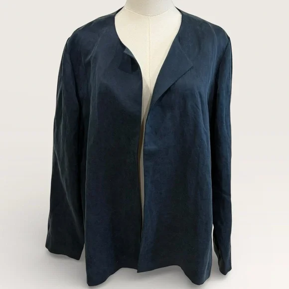 Eileen Fisher Large Linen Silk Satin Round Neck Open Jacket Deep Adriatic Blue - Picture 8 of 16